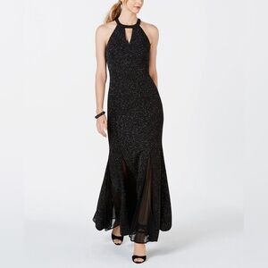 Elegant Black Glitter Halter Evening Dress